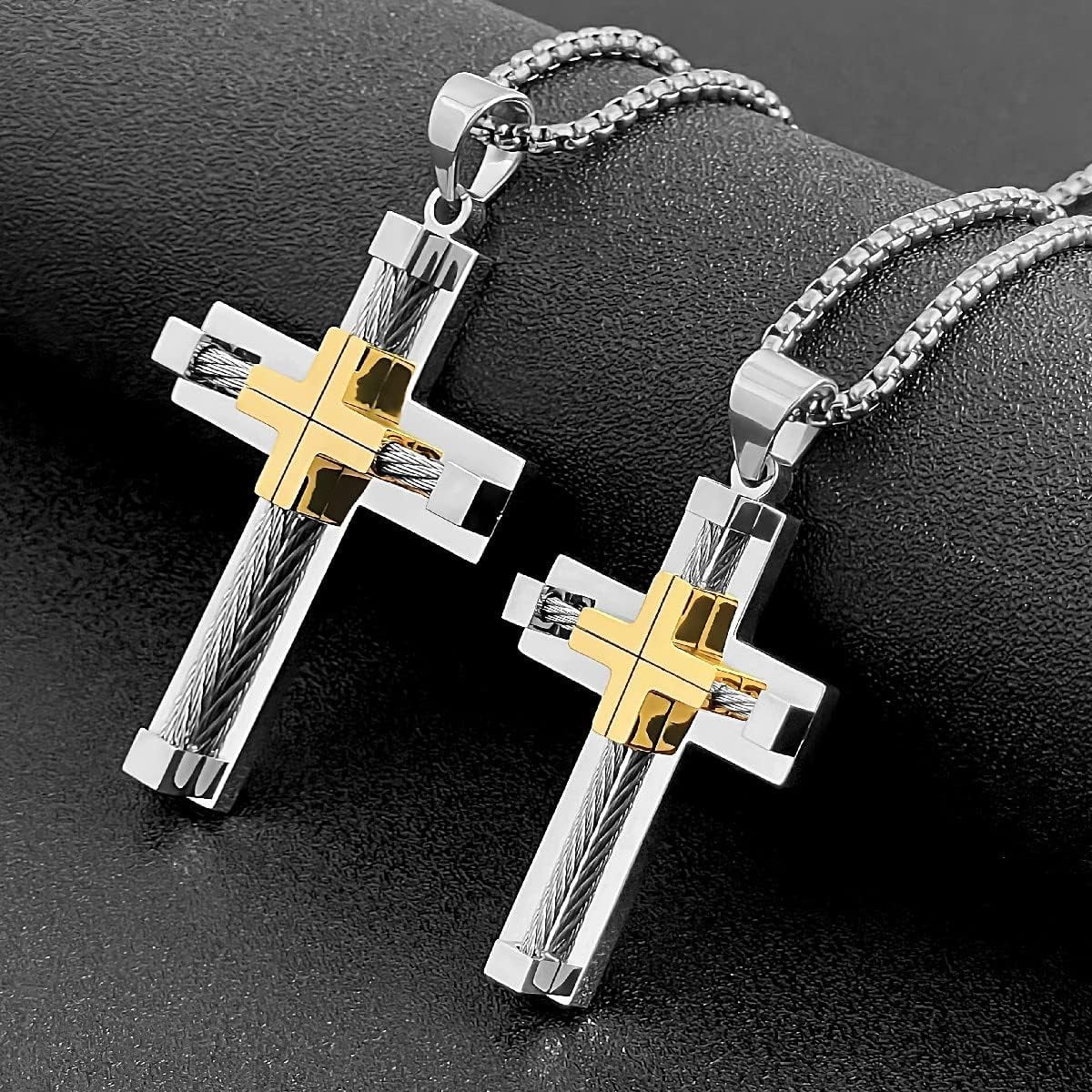 Men's Stainless Steel Cross Necklace – Large Jesus Pendant With Rolo Chain, 22/24/26 Inch Lengths