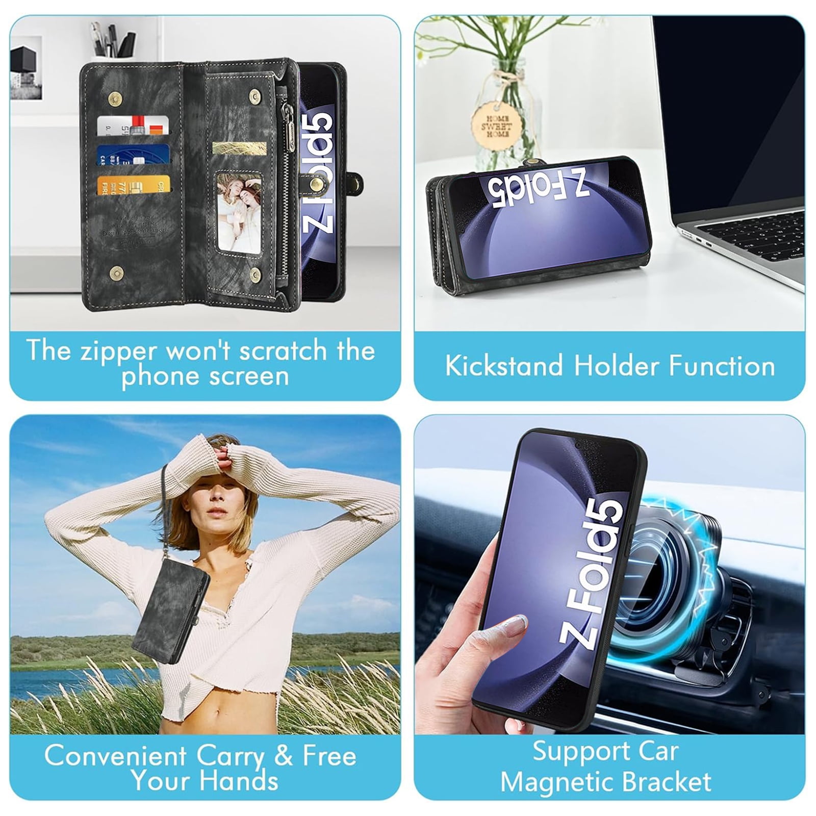Asuwish Compatible with Samsung Galaxy Z Fold 5 5G 2023 Phone Case Zipper Wallet Detachable Strap Flip Card Holder Cell Cover for ZFold5 Z5 G Fold5 5Z Women Girls Black