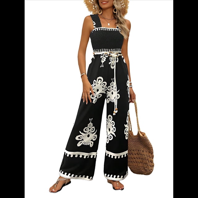 Mono Informal de una Pieza para Mujer, Estilo Bohemio, para Verano, con Tirantes Fruncidos, Pierna , Pantalones Largos y Bolsillos Negro M