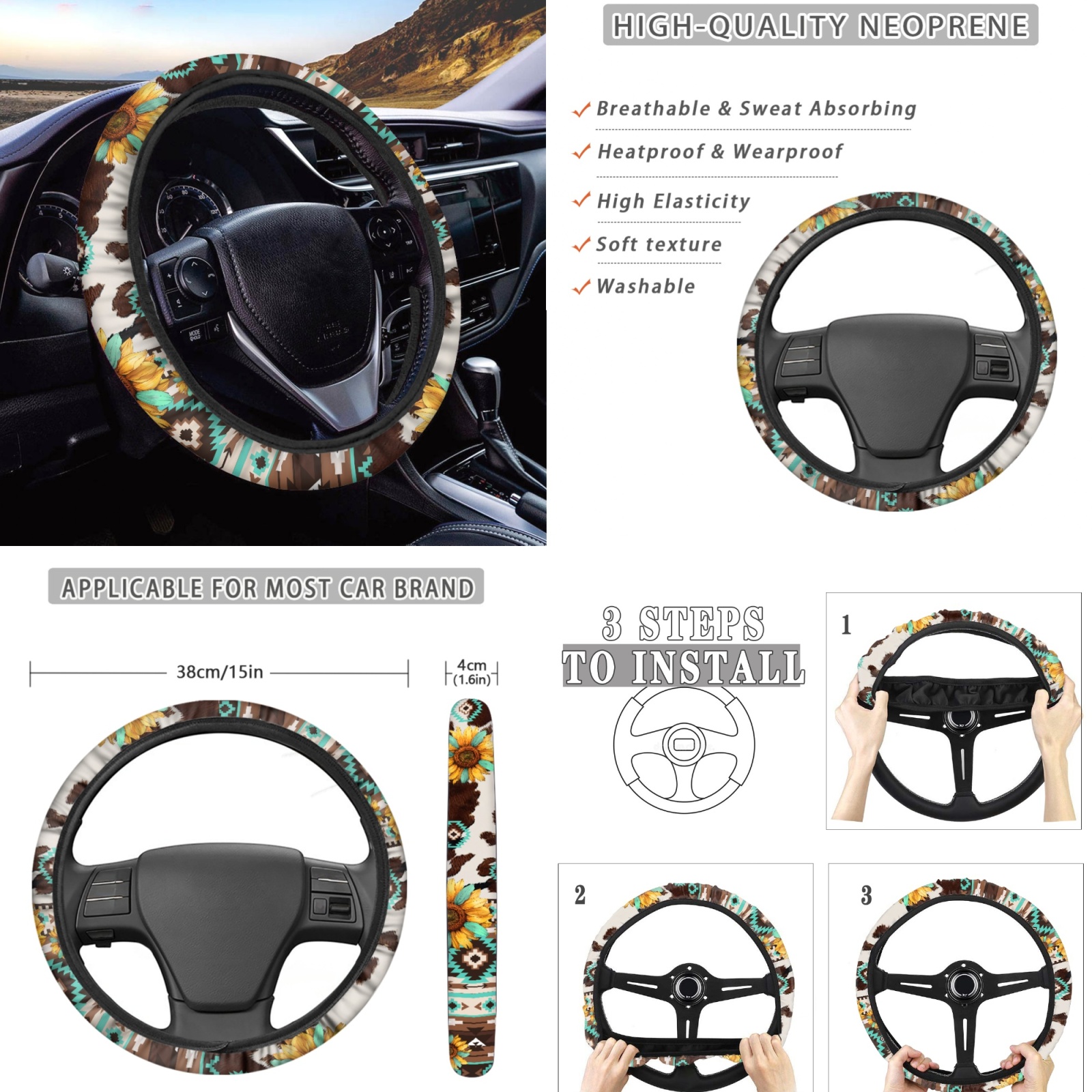 Renewold American Tribal Sunflower Brown Cow Print Car Seat Covers Full Set, Auto Seat Covers with Steering Wheel Covers, Seat Belt Pad, Coaster, Keychains Car Interior Accessories for Men Women