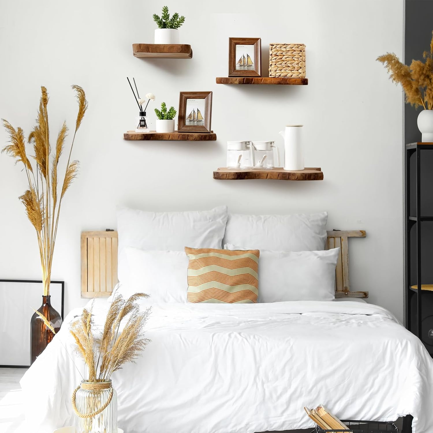 4 Pcs Floating Shelves for Wall Wooden Live Edge Shelf Wall-Mounted Natural Solid Wood Bedroom Kitchen Storage Living Room Nursery Decor(4 Pcs,11.81/15.7 Inch)