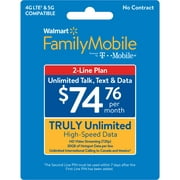 Walmart Family Mobile $74.76 Truly Unlimited 2-line Plan w 30GB of Mobile Hotspot Per Line e-PIN Top Up (Email Delivery)