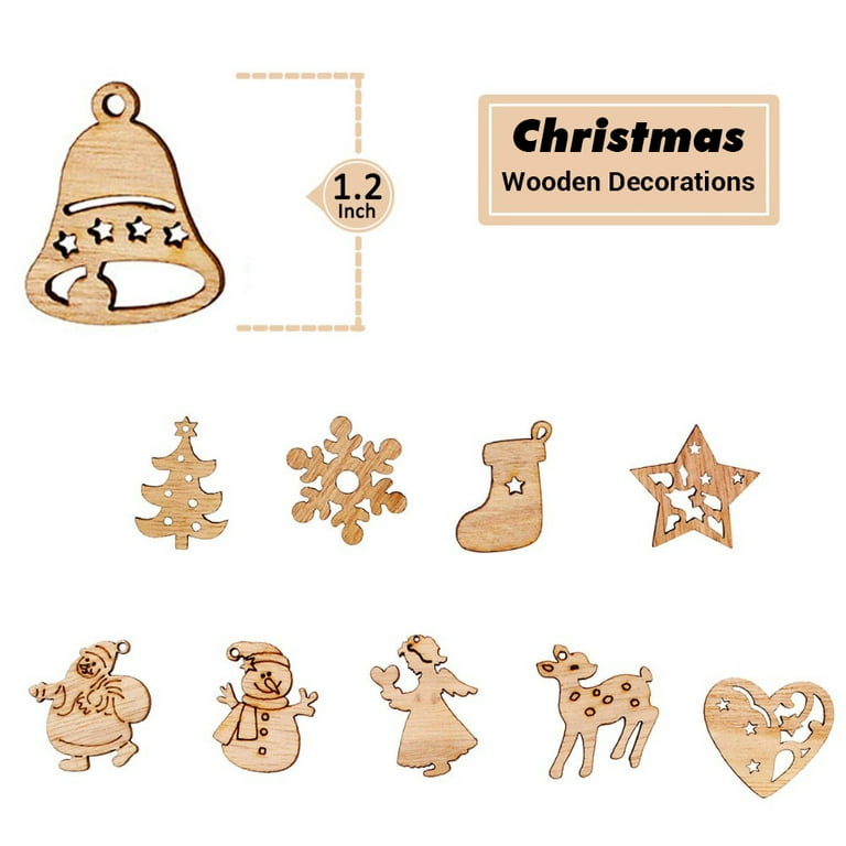 100Pcs Christmas Wooden Tree Ornaments Mini Snowflake Hanging Pendants Decor  