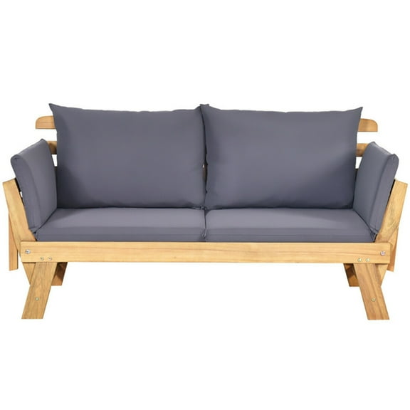 Resenkos Patio Convertible Solid Wood Sofa with Cushion, Sectional Sofa Set with Ottoman, Wood Couch
