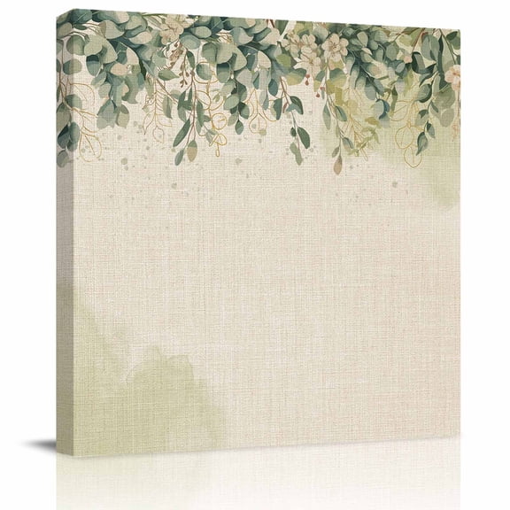 Green Eucalyptus Leaves Framed Canvas Wall Art, Flower Vintage Linen Texture Wall Art Painting for Living Room Bedroom Home Decor, 12”x12”, Office Artwork Print