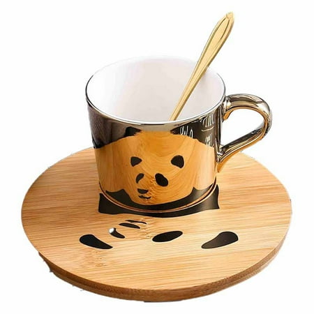 

xtangh Golden Mirror Reflection Cup and Wooden Saucer Coffee Cup Breakfast Milk Tea Best Gift for Friend S Birthday(Panda)A
