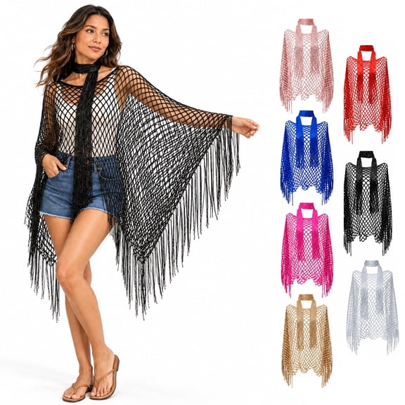 Fringe Mesh Hollow Out Pullover, Women's Boho Crochet Beach Cover Up with Tassels, Lightweight Poncho Top for Resort