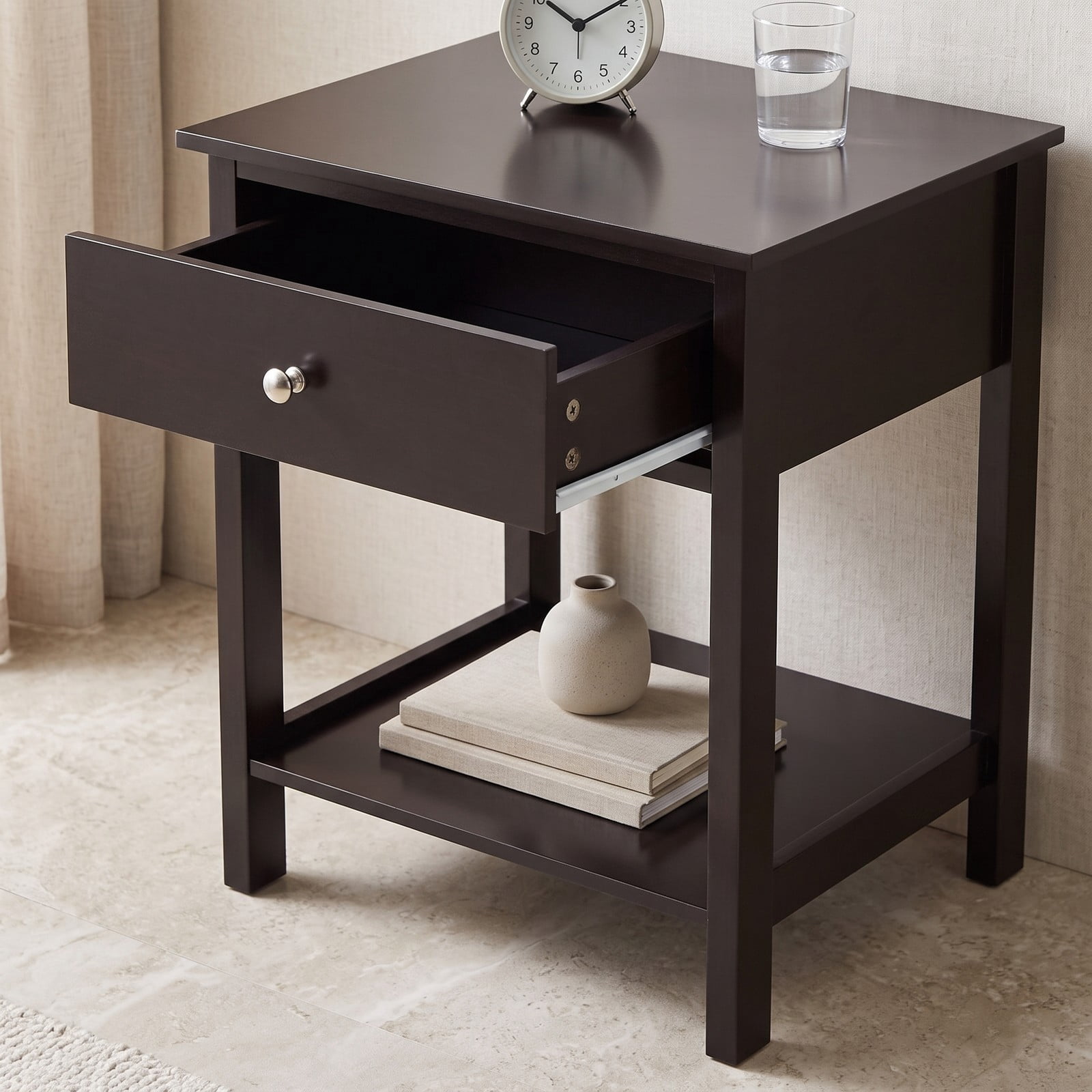 Furnibear Wooden Nightstand with Drawer and Open Bottom Shelf Bedside Table for the Bedroom Living Room and Entryway, Black