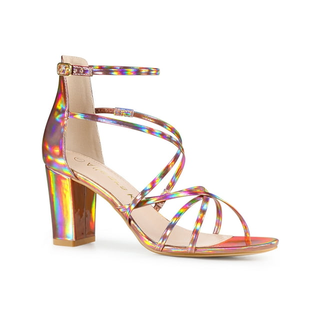 BLISSFUL STEP Sandales à Talons Blocs à Brides Croisées pour Femmes Or Coloré 7