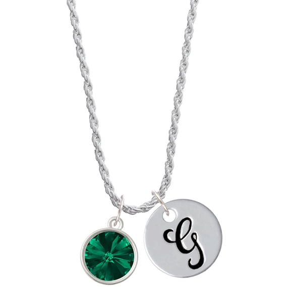 Delight Jewelry 12mm Crystal Rivoli - Green Silvertone Script Initial Disc - G - Charm Necklace, 20"+3"