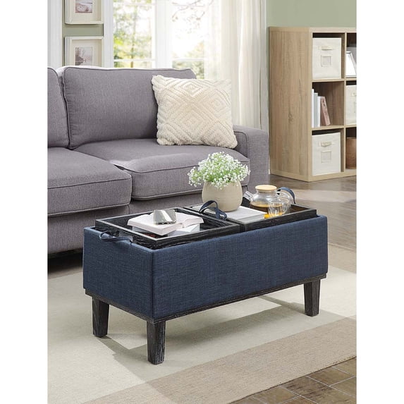 Strick & Bolton Nir Storage Ottoman with Reversible Trays Assembled Blue Fabric Rubberwood, Fabric Storage, Tray Top Transitional, Modern &