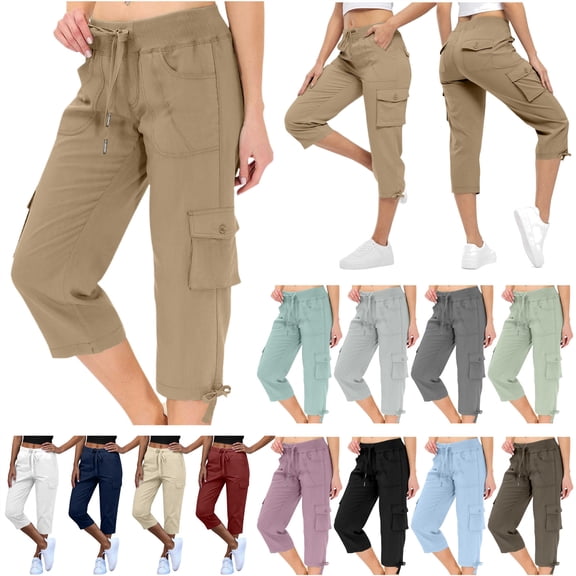 QATAINLAV Cargo Capris for Women Drawstring High Waisted Quick Dry Hiking Cropped Trousers with Pockets Summer Travel Capri Pants Dark Gray L