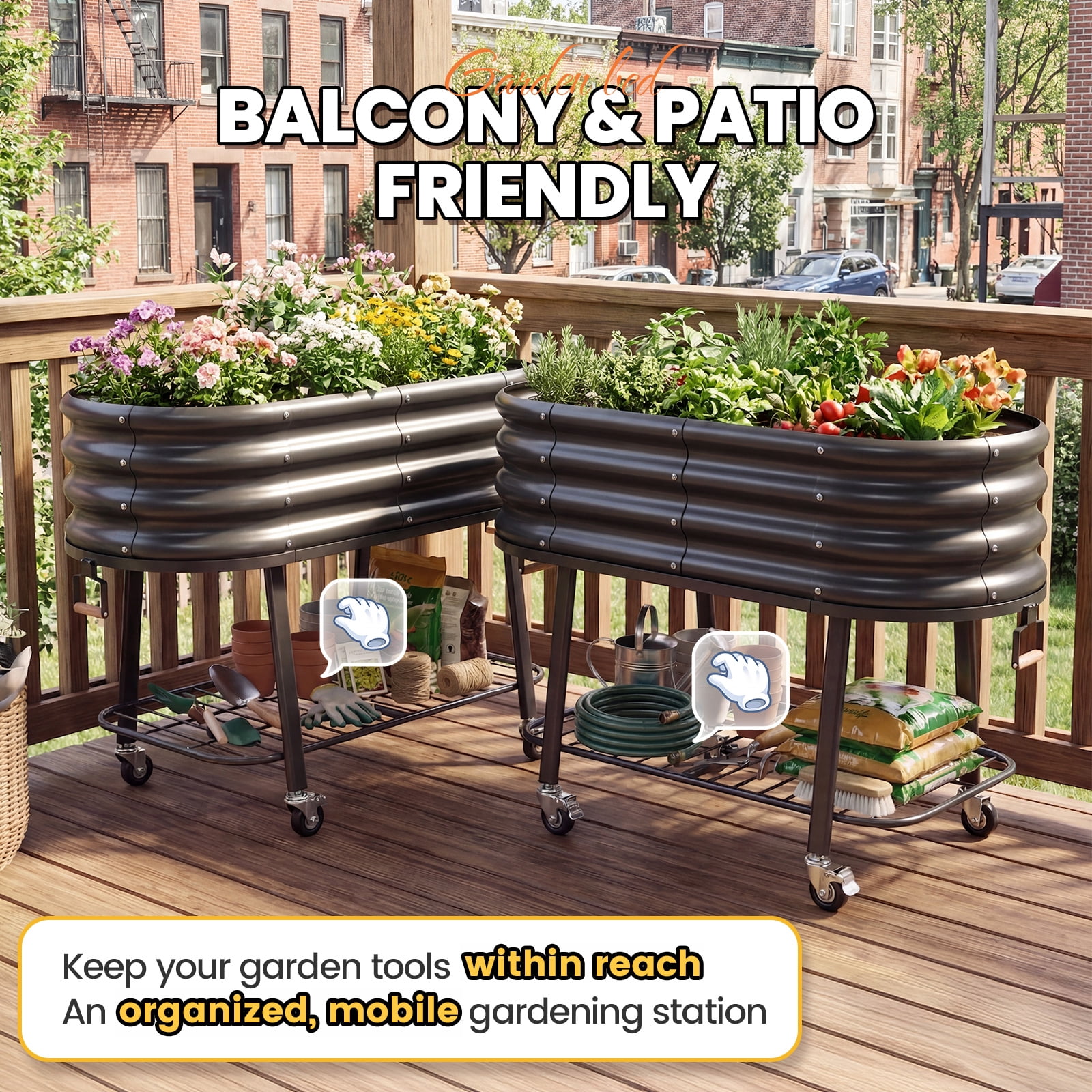 King Bird Galvanized Steel Metal Raised Garden Bed Kit with Storage Shelf & Wheels 47"x23"x30" Metal Planter Box, Elevated Garden Bed  Outdoor for Vegetables Flowers Dark Gray