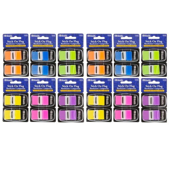 Bazic Standard Flags with Dispenser 1" Wide Assorted Neon 60 Per Pack 12 Packs (BAZ5173-12)