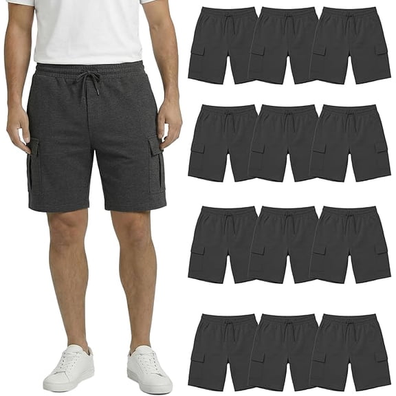 Yacht & Smith Mens 5 Pocket Fleece Cargo Shorts, Cotton, Drawstring,Wholesale Bulk Athletic Lounge Short Charcoal Gray 12 Pack Small