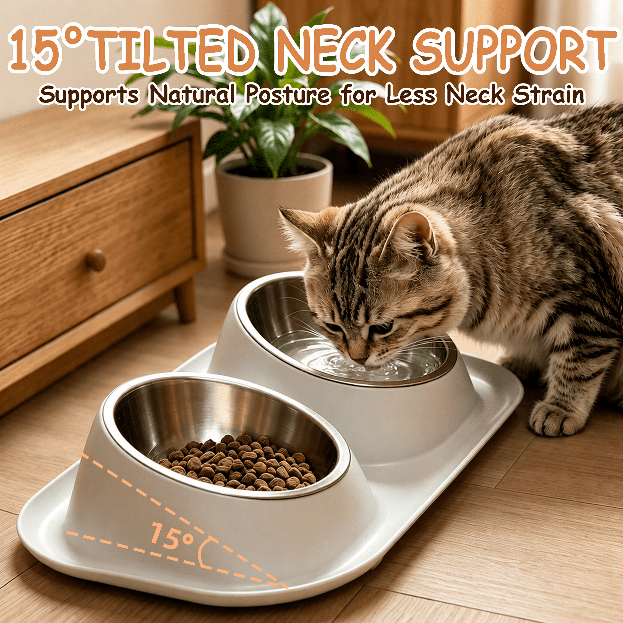 GARITIN Pet Bowls, Double Cat Dog Bowls with Spill Proof Tray, Detachable Stainless Steel Raised Pet Food Water Bowl for Small Pets