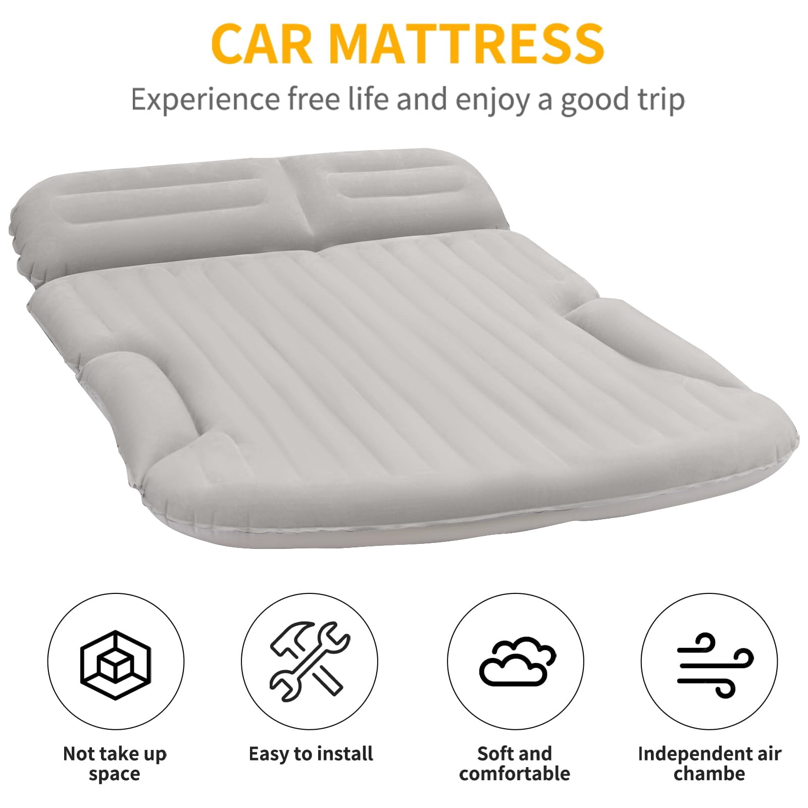 QDH SUV Air Mattress Thickened and Double-Sided Flocking Travel Camping Bed with 2 Pillows & Electric Pump Dedicated Mobile Cushion Inflatable Bed for SUV Trunk and Rear Seat (Light Gray)