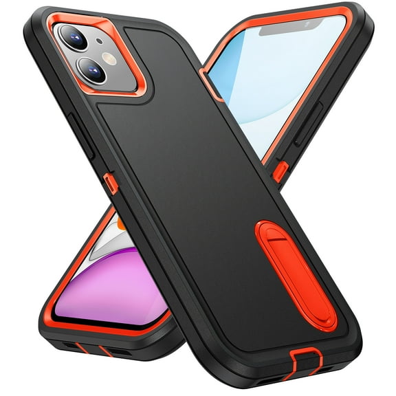 SaniMore for iPhone 11 6.1" 2019 Hybird Case, Rugged PC Back Shockproof TPU Shell Metal Hidden Kicksatnd Drop Resistant Anti-slip Heavy Duty Protective Case for iPhone 11, Black+Orange