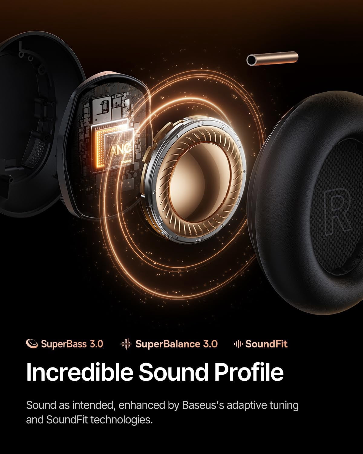 Baseus Inspire XH1 Adaptive Noise Cancelling Headphones, Hi-Res Audio, 100H Playtime, Over-Ear Wireless Bluetooth Headset for Commute, Travel & Calls, Black