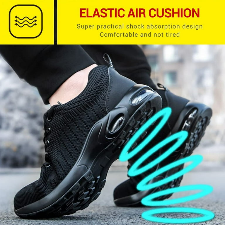AZZAKVG Safety Shoes for Men Women Air Cushion Steel Toe Shoes Work Trainers Sneakers Men s Size 38 Black