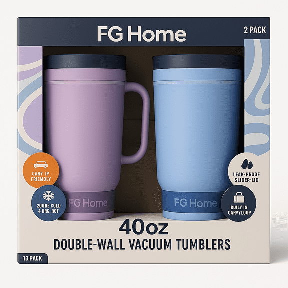 FG Home 40oz Double-Wall Vacuum Tumblers (2-Pack) – Leak-Proof Travel Mugs, Keeps Drinks Cold 20H/Hot 4H, BPA-Free, with Handle