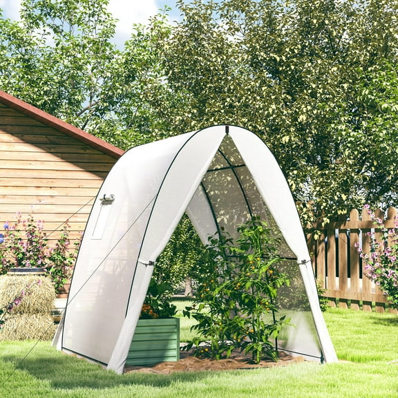 Outsunny 6' x 6' x 6.6' Hoop House Greenhouse with Sandbags and Hemmed PE Cover, Portable Walk-In Tunnel Green House with 2 Doors, White