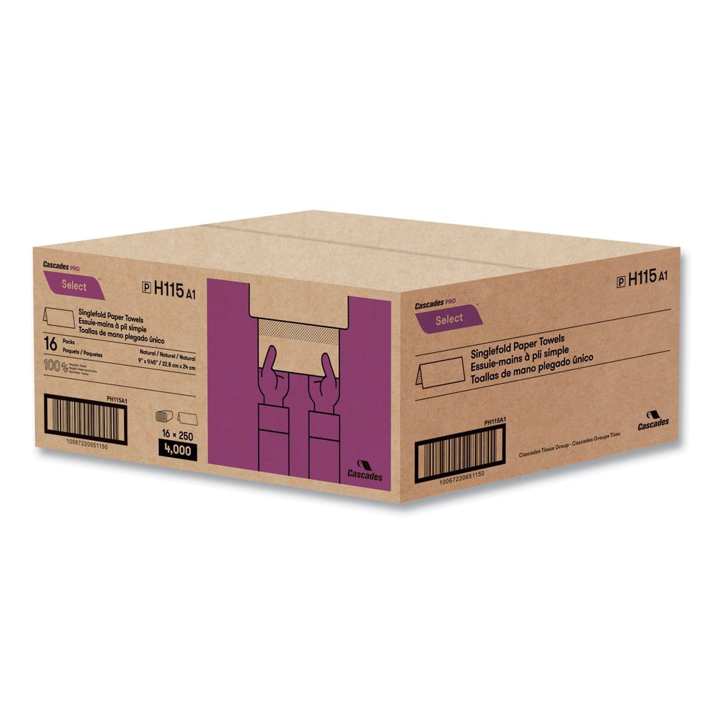 Cascades PRO Select Folded Paper Towels, Single-Fold, 9 x 9.45, Natural, 250/Pack, 16/Carton