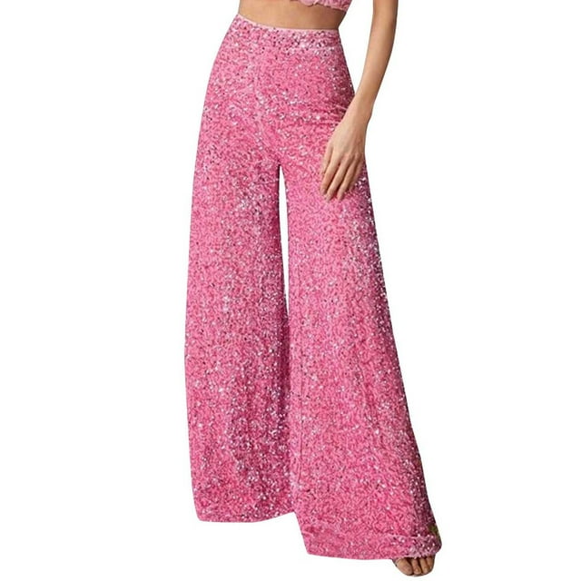 AherBiu Womens Sequin Pants High Waisted Straight Wide Leg Sparkly Club Wear Solid Color Dancing Trousers