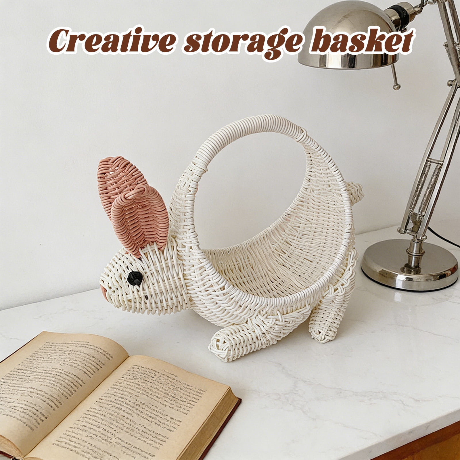 Handwoven Rabbit Ear Basket, Farmhouse Decor Easter Spring Flower Fruit Basket, Home Organization Storage Bin with Handles, Cottagecore Decor, 1*Storage Basket