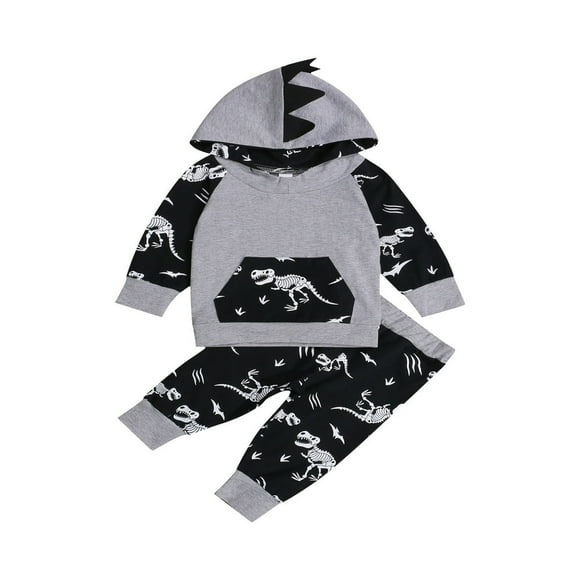 Bébé Enfant en Bas Âge Bébé Garçon Dinosaure Sweat à Manches Longues Tops Pantalons Tenues 2PCS Automne Hiver Noir Gris 6-9 Mois
