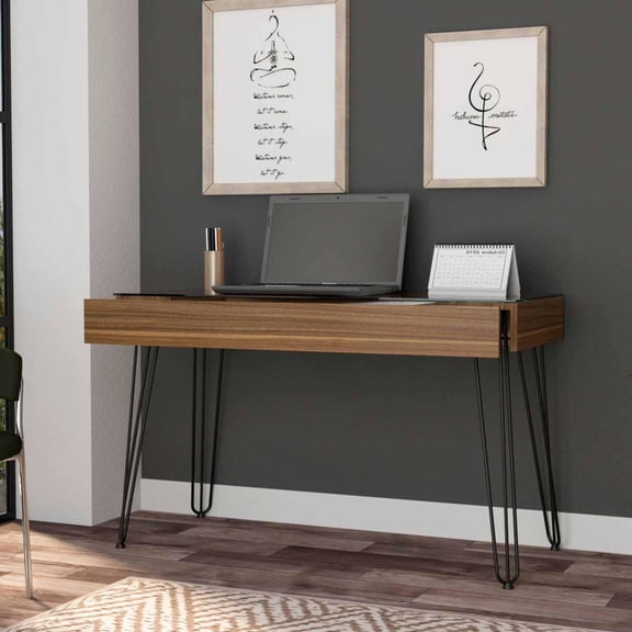 Home Office Desks, Mahogany 1-Drawer Rectangle Writing Desk with Hairpin Legs, Brown Office Desks,Particle Board Computer Desks, Furniture Office Desks & Work Surfaces
