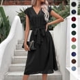 thumbnail image 2 of Summer Simple, Elegant, Versatile Tie-Waist V-Neck Black Dress, 2 of 5