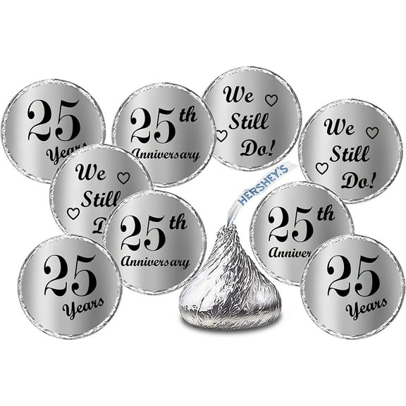 Silver Foil 25th Anniversary Kisses Stickers, (Set of 216) Chocolate Drops Labels Stickers for 25 Wedding Anniversary, Party Favors Decor for Kisses