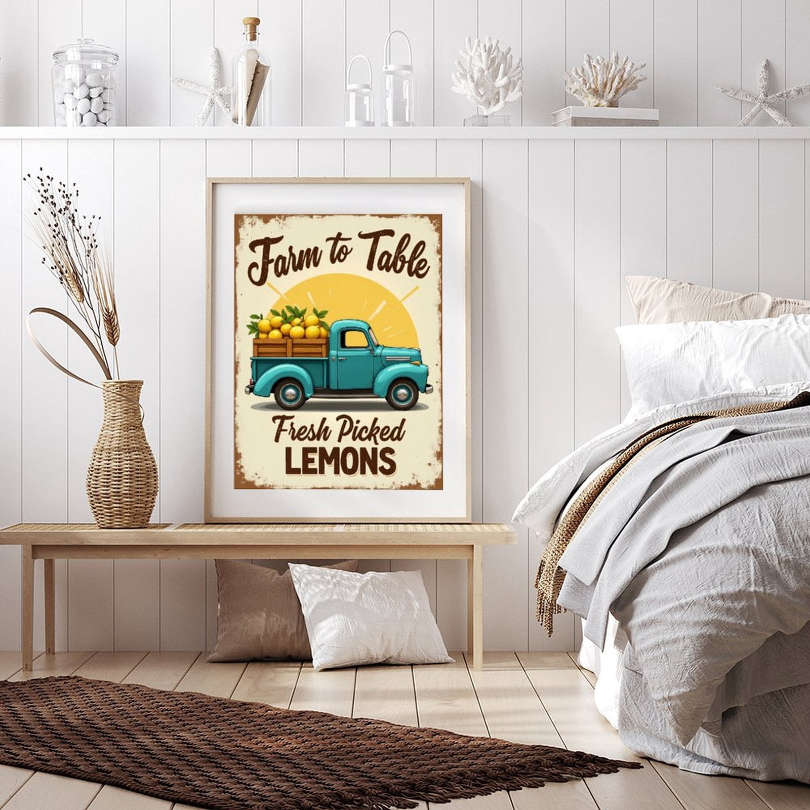 Diamond Art Kit for Adults, Retro Blue Truck Lemons Sunburst Diamond Painting for Adults Beginners, 5D DIY Diamond Art Painting Kits, Colorful Diamond Painting Craft for Home Decor 12x16