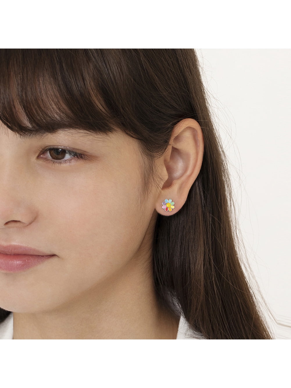 Rainbow Daisy Kids / Children's / Girls Earrings Enamel - Sterling Silver