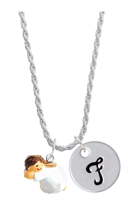 Resin Flying Angel Silvertone Script Initial Disc - F - Charm Necklace, 20"+3"