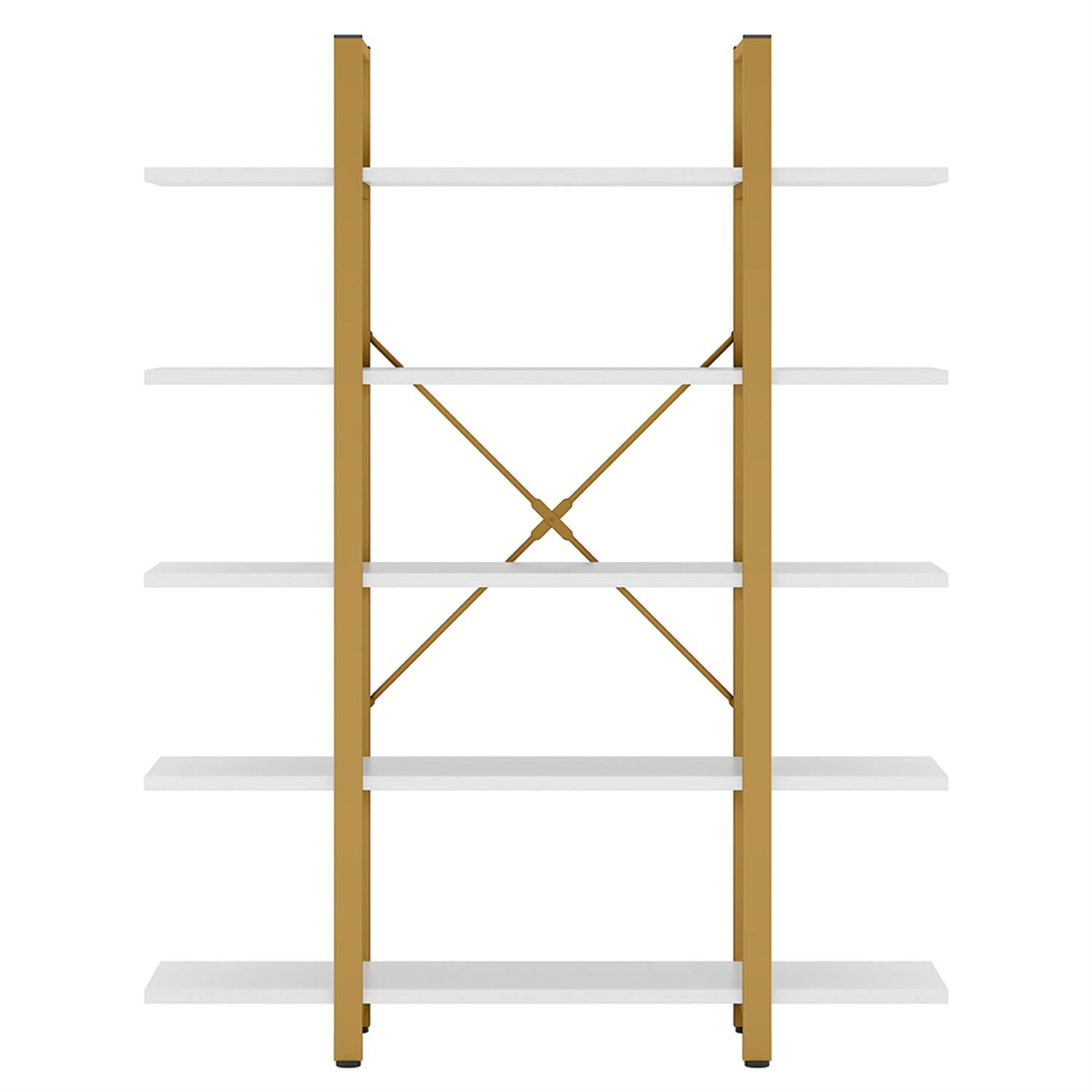Demi Bonn 5 Tier Bookshelf, Bookshelves, Open Etagere Bookcase Shelf Storage Organizer, Free Standing Storage Shelving Unit for Bedroom, Living Room and Home Office, White & Gold