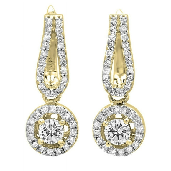 Dazzlingrock Collection 14K Boucles d'Oreilles Pendantes Rondes en Aigue-Marine et Diamant Blanc Style Halo pour Femmes, Or Jaune