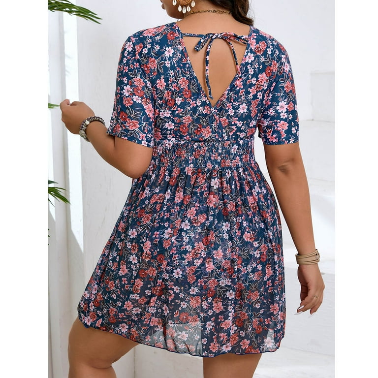 plus size short sleeve swim dress Wellwits Women's Plus Size Feather Print Swim Dress Boyshorts Tankini Swimsuit XL Blue at Amazon Women's Clothing store