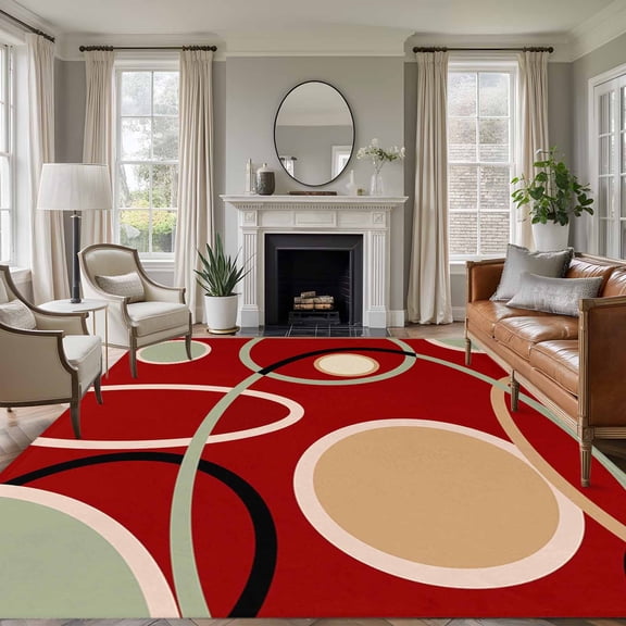 Area Rug for Living Room, Geometric Red Non-Slip Indoor Large Carpet for Bedroom/Dining Room, Boho Retro Abstract Circle Black Green Washable Low-Profile Rectangle Floor Runner Rugs - 5 x 8 Ft