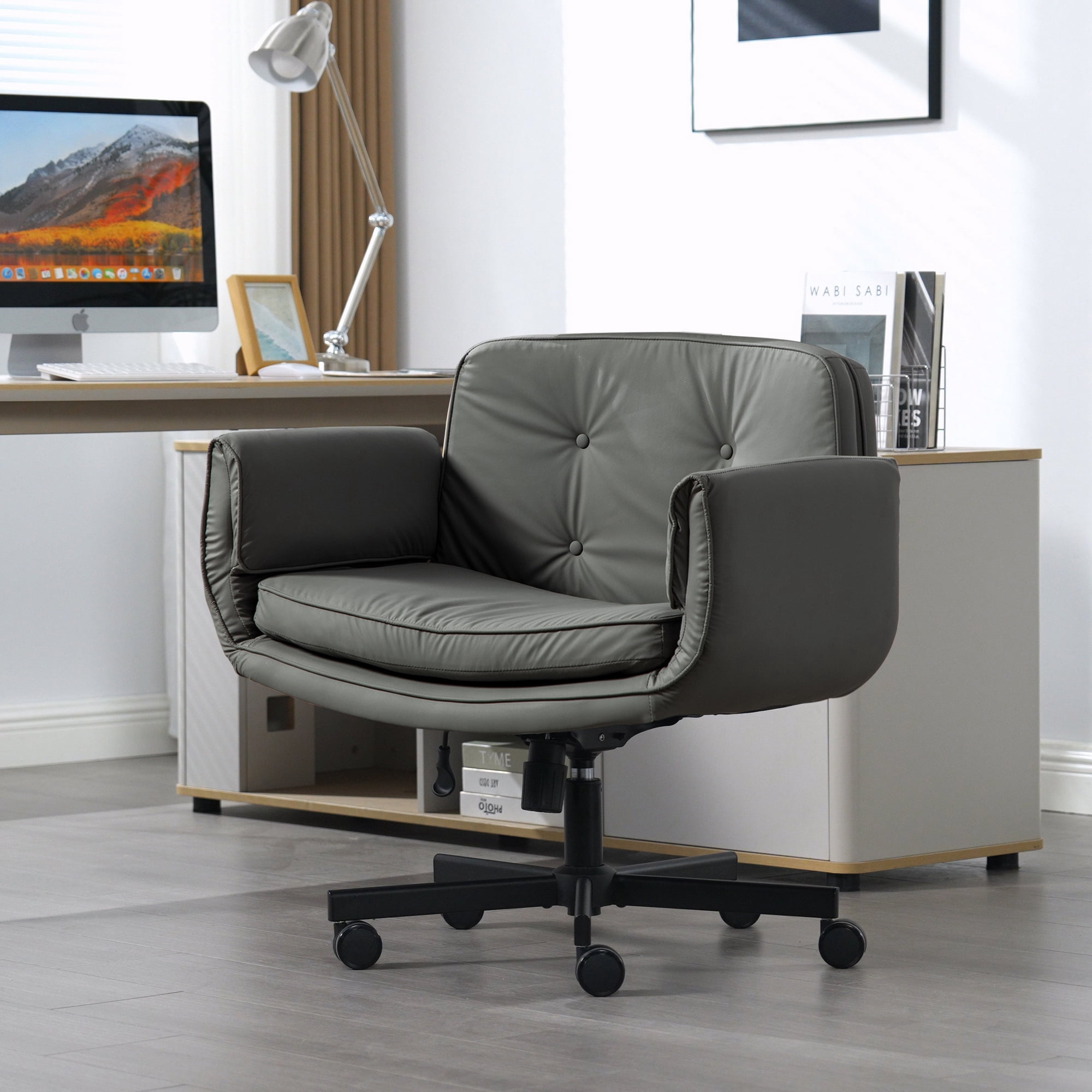 Office Chair, Desk Chair, Task Chair&nbsp;with Adjustable Armrests, PU Leather Criss Cross Chair with Wide Seat and Headrest for Home Office, Gaming, Makeup, Gray