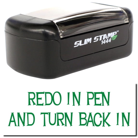 Slim Pre-Inked Redo In Pencil And Turn Back Stamp, Slim 1444, Ultra Slim Design, Impression Size 1/2" by 1-3/4", Up to 25,000 Impressions - Green Ink