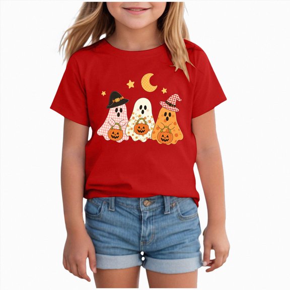 KPOPLK Halloween Shirt for Toddler Girls Ghost Graphic Tshirt Cute Season Short Sleeve Tops for Kids Size 5-6 Years,Red
