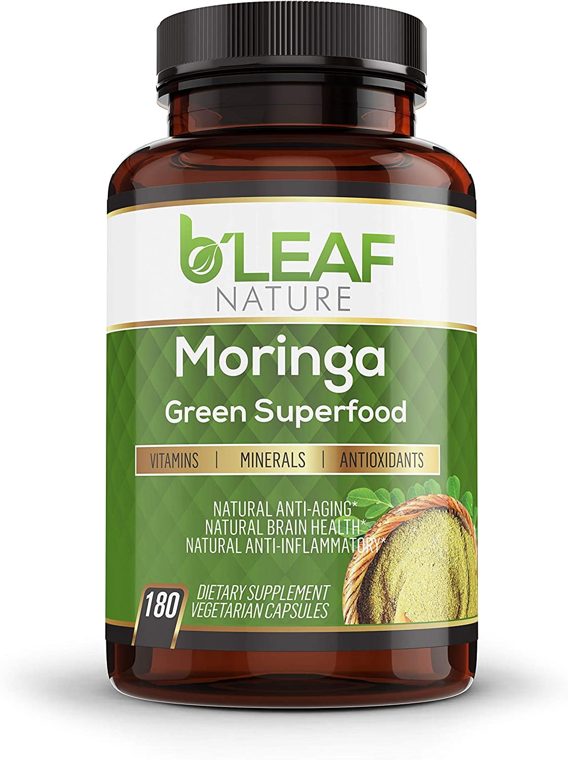 Organic Moringa 180 Capsules 1000mg - Immune System and Energy Booster - Pure Leaf Powder - Vegetarian Caps by B'Leaf Nature