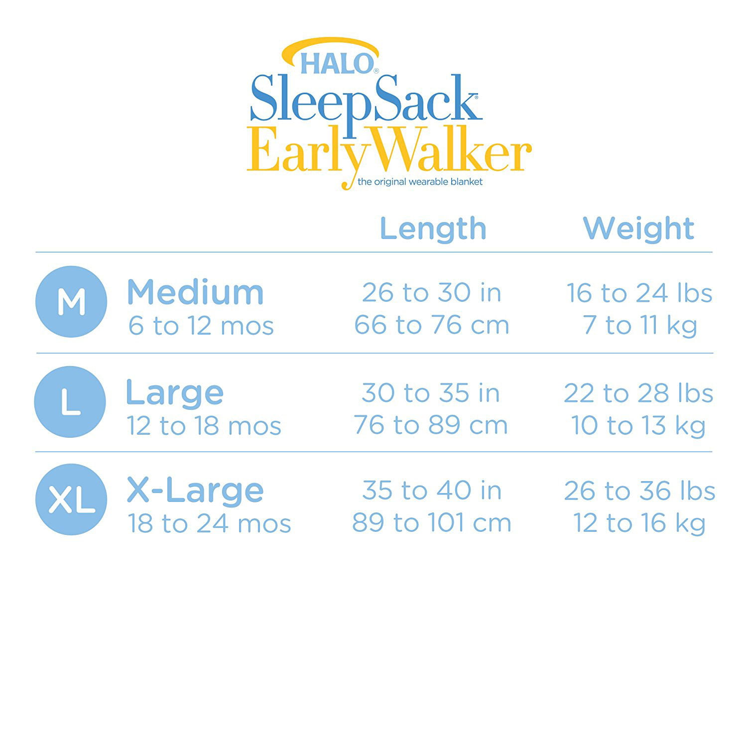 Halo Early Walker Size Chart