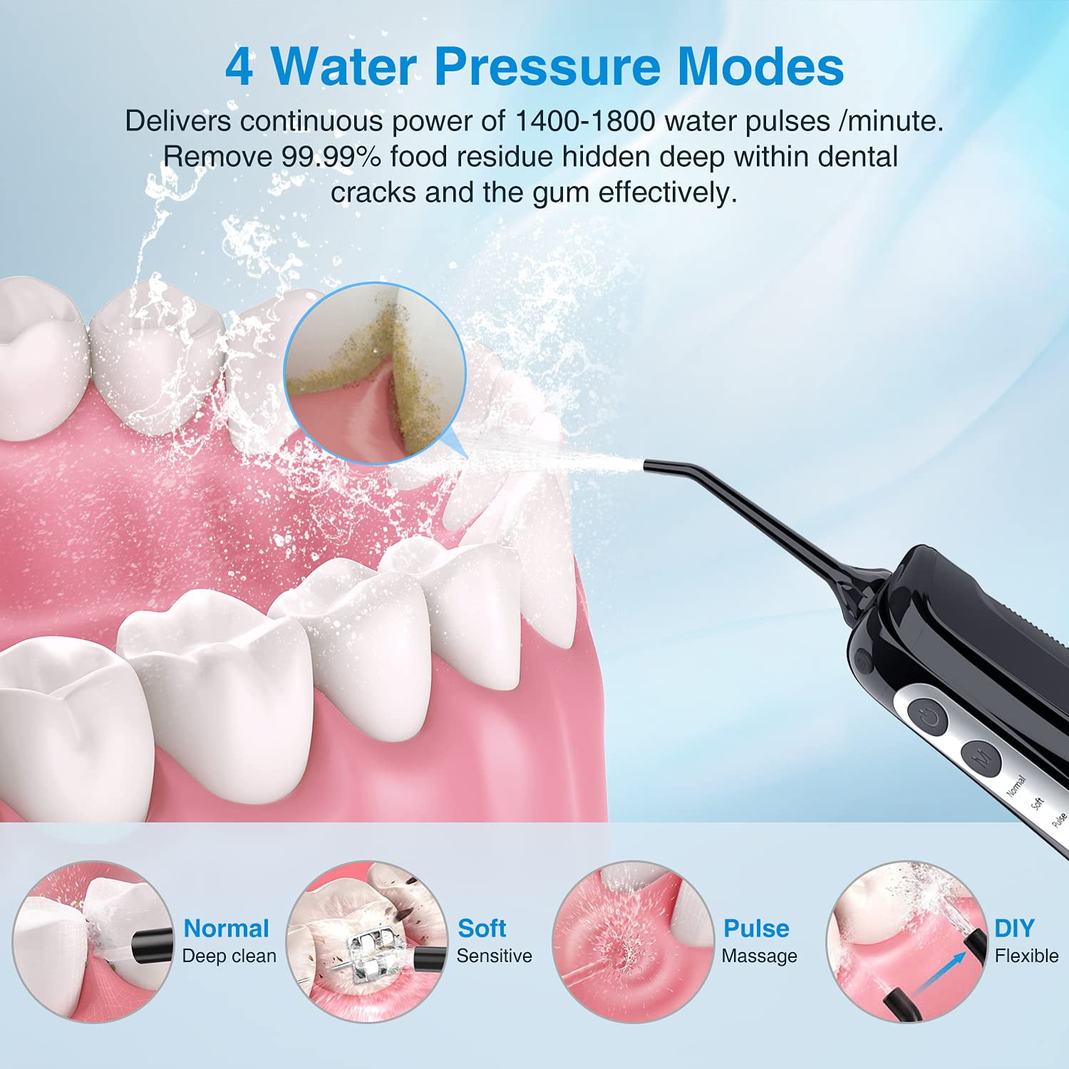 Cordless Water Flosser for Teeth, INSMART,Portable Rechargeable Teeth Cleaner with DIY Mode RGB Light, 4 Jet Tips IPX7 Waterproof Dental Oral Irrigator