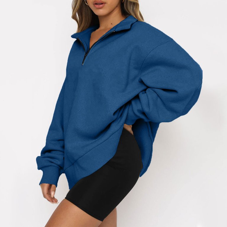 Womens Half Zip Sweatshirt Oversized Long Sleeve Collar Drop Shoulder Solid  1/4 Zipper Pullover Jacket