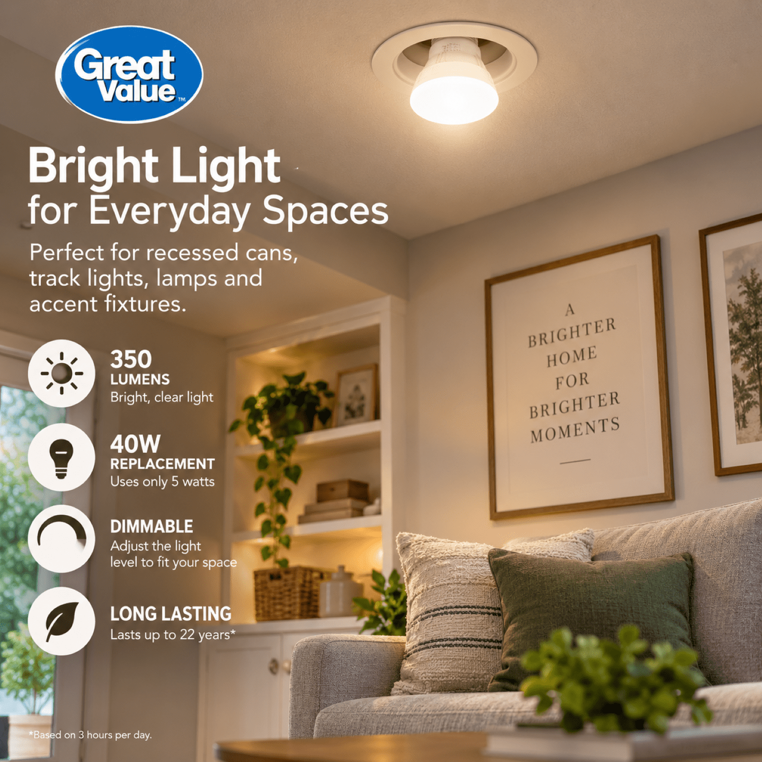 Great Value LED Light Bulb, 5 Watts (40W Equivalent) R14 Floodlight Lamp E26 Medium Base, Dimmable, 5ACT, 2-Pack
