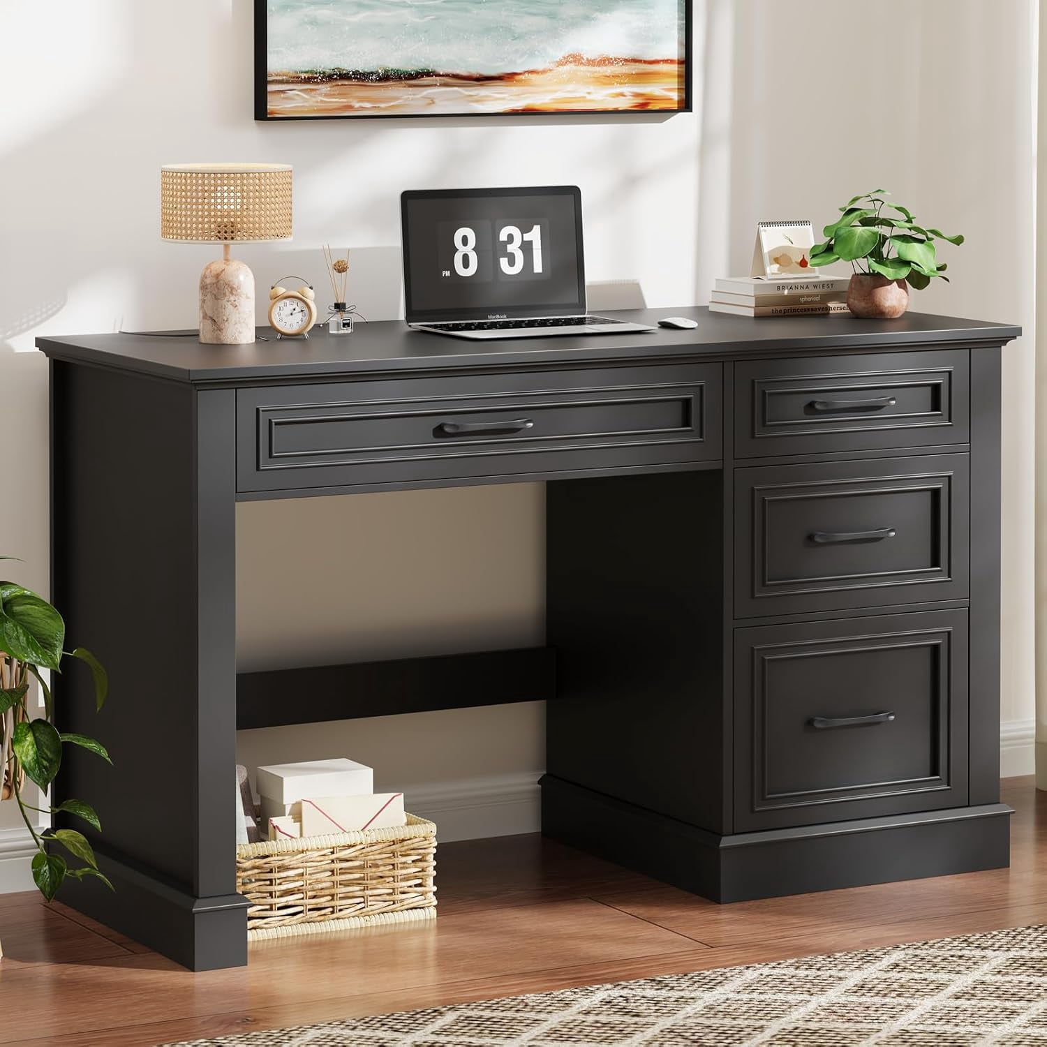 Farmhouse 47" Executive Desk with File Drawer, Computer Desk with 4 Drawers, Workstation for Study, Home Office, Writing, Pure Black.