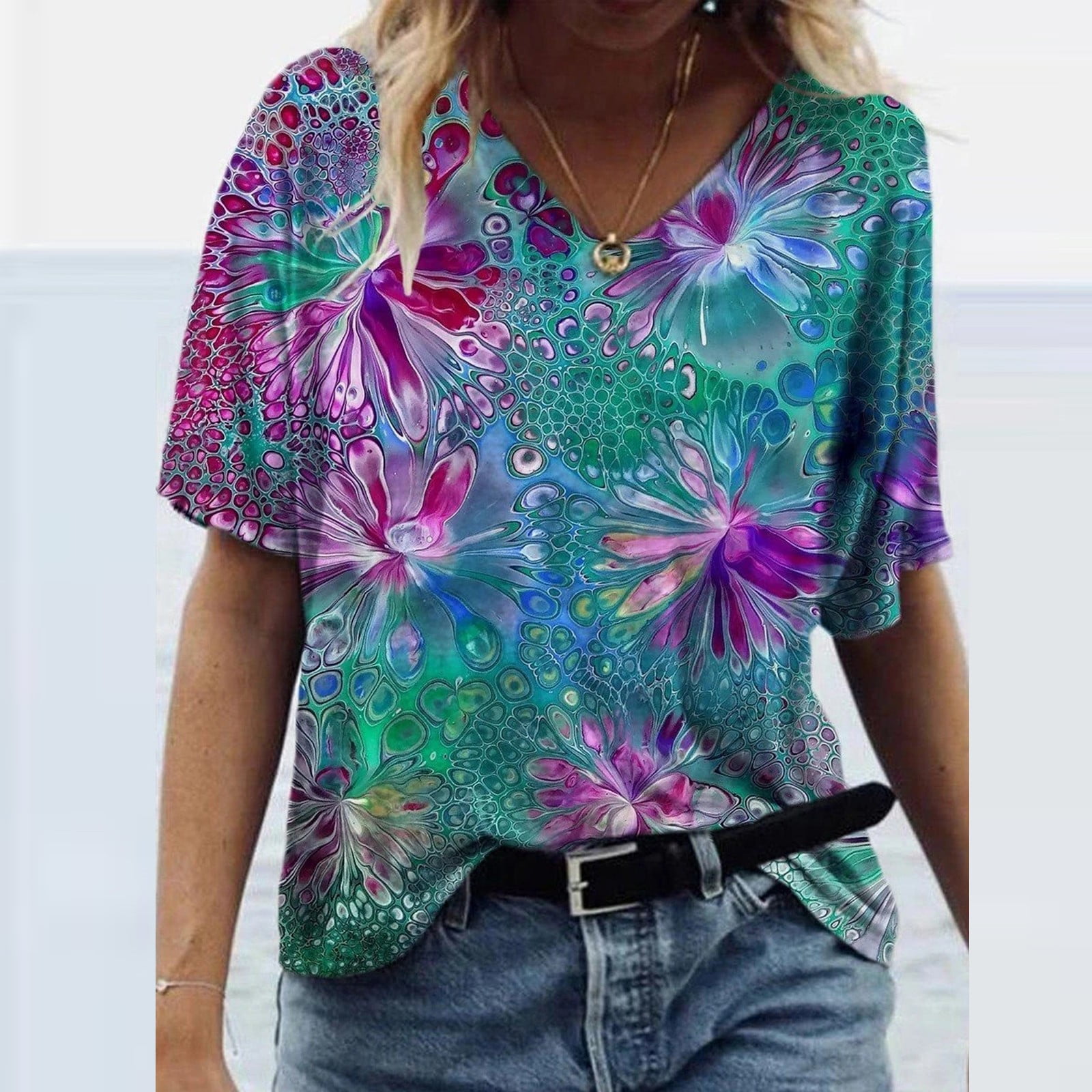 Womens Summer Tops,Womens Tie Dye Short Sleeve Shirts for Womens V Neck Graphic Printed Tee Casual Summer Tops 